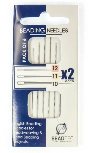 Beading needles - by BeadTec A package of BeadTec beading needles, showing different sizes including 10, 11, and 12. The packaging explains they are for beadweaving and seed beading projects.