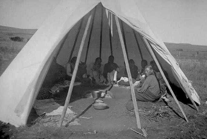 Peyote Ceremony, 1892 - National Anthropological Collection A historic black and white photograph from 1892 titled 'Peyote Ceremony'. It shows a group of people seated in a circle on the ground inside a tipi during a ceremony. This illustrates the cultural significance of the peyote cactus.